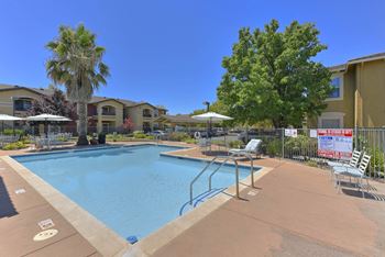 A pool surrounded by chairs and trees with a sign in the background.